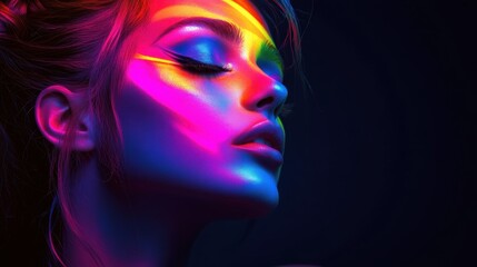Fototapeta premium A stunning young woman with striking makeup bathed in vibrant neon colors, creating a futuristic and artistic portrait.