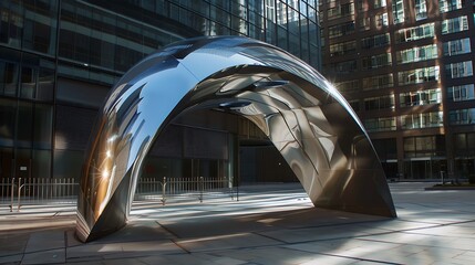 A modern art installation in a public space in Bridge City, surrounded by sleek architecture