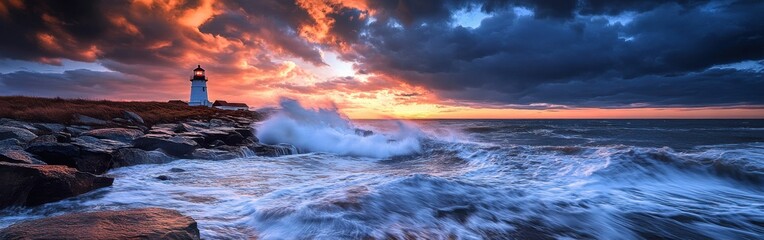 Majestic waves crash against the rugged rocks as the sunset creates a vivid backdrop for the historic lighthouse, casting a warm glow across the landscape.