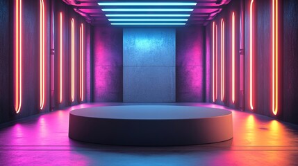 Futuristic neon-lit stage with glowing walls and empty platform.