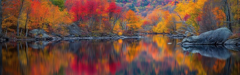 Vivid autumn leaves in shades of red, orange, and yellow surround a calm lake, creating a picturesque landscape during the fall season.