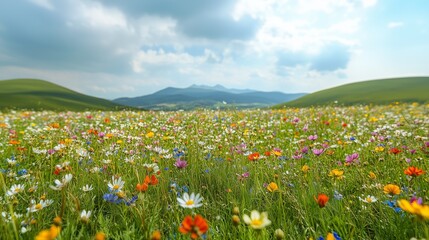 Fototapeta premium A vast field of colorful wildflowers stretched as far as the horizon, with towering hills in the distance and a pale blue sky above. The flowers in the foreground were vibrant and sharply focused 