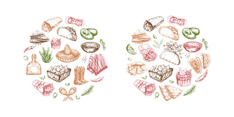 Hand-drawn Mexican food sketch tacos tequila nachos guacamole chili lime