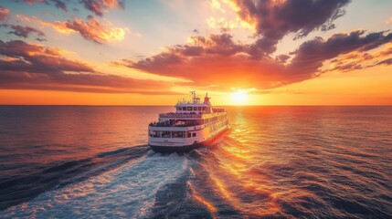 A ferry glides through the shimmering waters of the Cape May-Lewes route as the sun sets, casting vibrant colors across the sky and reflecting on the sea.