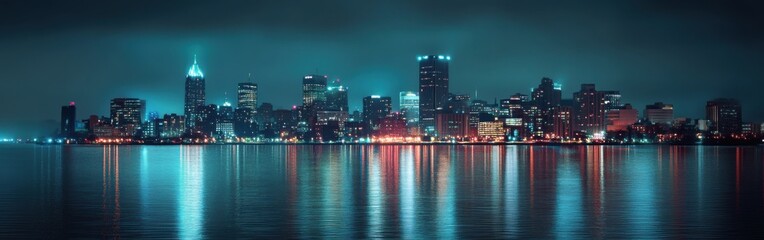 Fototapeta premium The Detroit skyline glimmers under the night sky, with skyscrapers glowing in various colors while their reflections dance on the water's surface, creating a mesmerizing urban landscape.