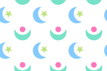 Seamless pattern featuring blue crescent moons, green stars, and pink circles on a white background.