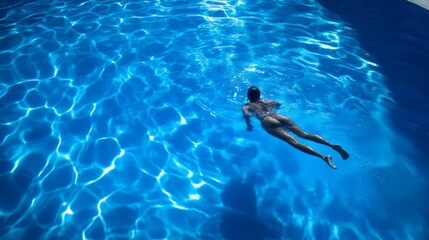 Woman swimming underwater in a sparkling pool. Sunlight reflects on the water surface.