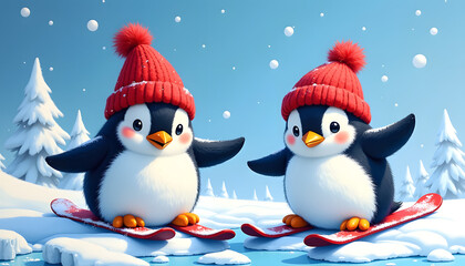Fototapeta premium Cute penguins in hats on skis, funny painting