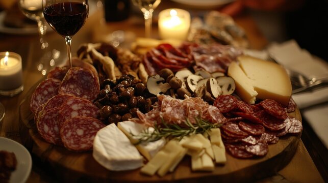 This charcuterie board showcases a delightful array of cured meats, artisanal cheeses, olives, and herbs, creating a perfect centerpiece for a cozy gathering at home.