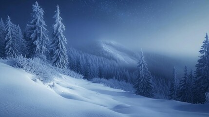 Fototapeta premium Snow-covered mountain forest at night under a starry sky.