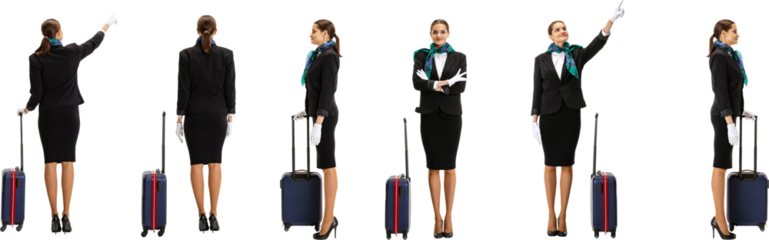 Collage with young girl, stewardess standing with suitcase isolated on transparent background. Profile, front and rear view. Concept of adventure, migration and vacations, freelance job.