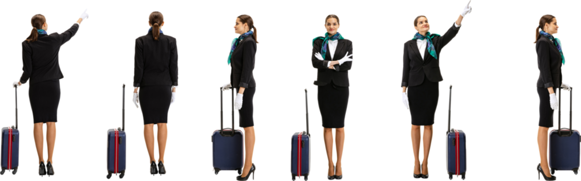 Collage with young girl, stewardess standing with suitcase isolated on transparent background. Profile, front and rear view. Concept of adventure, migration and vacations, freelance job. - Powered by Adobe