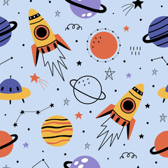 Seamless pattern with cute planets, stars, ufo, earth, constellations, rockets, space, saturn on light blue background. Creative kids texture for fabric, prints, wallpaper, decorations, textiles.