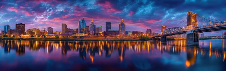 Fototapeta premium Twilight casts a magical glow over Cincinnati’s skyline as shimmering lights reflect on the Ohio River, creating a picturesque urban landscape.