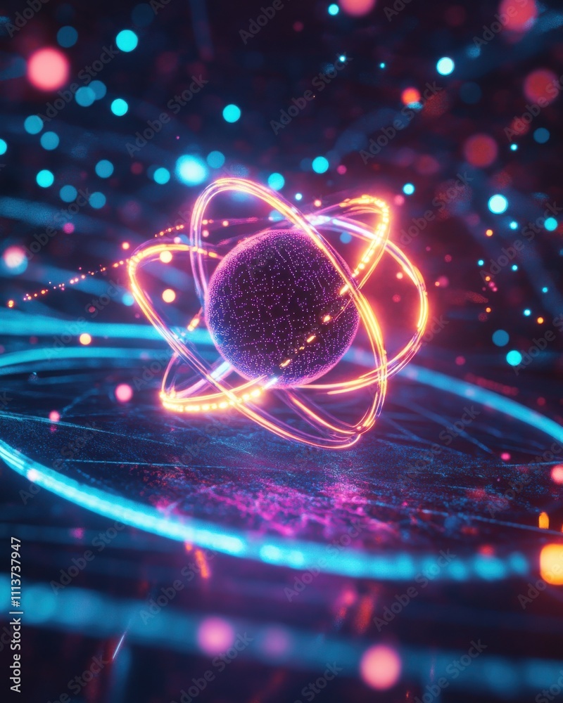 Fototapete This visual representation showcases an atomic model with a vibrant electron orbiting around a central nucleus, highlighting the structure of an atom in a dynamic manner.