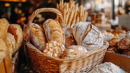 A charming bakery showcases an assortment of freshly baked artisanal breads and pastries in woven baskets. The inviting aroma fills the air as customers browse.