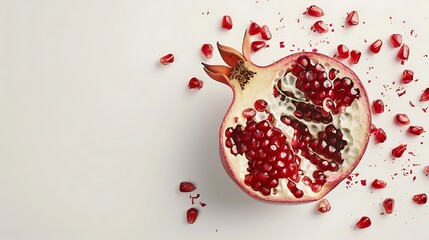 Isolated pomegranate split open to reveal ruby-red seeds on a white background.