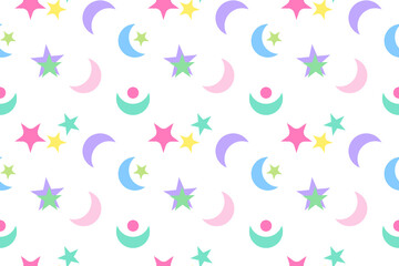 Seamless pattern of colorful stars, moons, and celestial shapes on a white background, ideal for creative projects.