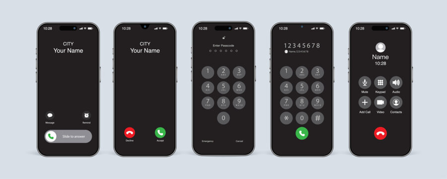 Incoming Call, Slide to Answer, and Unlock Screen. Smartphone Calling App Interface Vector Illustration.