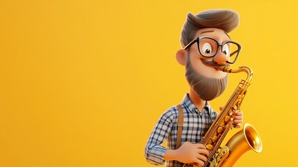 Fototapeta premium A cartoon man with a beard and glasses plays the saxophone in front of a yellow background.