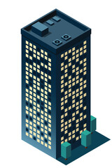 Isometric city building at night. Isometric modern building. Skyscraper building or business office. Vector illustration