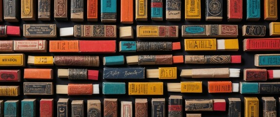 Obraz premium A vibrant display of matchboxes on a black background, showcasing nostalgic collectibles