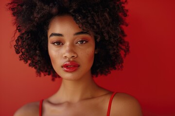 Fototapeta premium Stylish Afro American model poses with makeup and hairstyle.