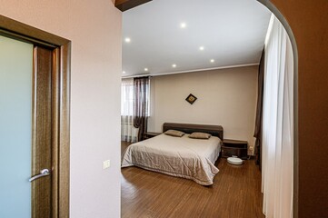 interior room apartment bedroom with bed, cozy place to sleep and relax