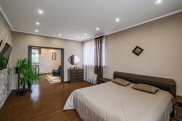 interior room apartment bedroom with bed, cozy place to sleep and relax