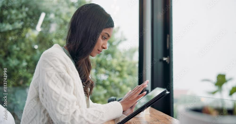 Aufkleber woman, home office and tablet with research, serious and concentration for typing or online. female 