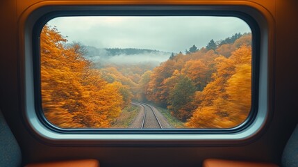 Naklejka premium Scenic View Through a Train Window Showcasing Vibrant Autumn Foliage with Misty Mountains in the Background and Curving Railway Tracks