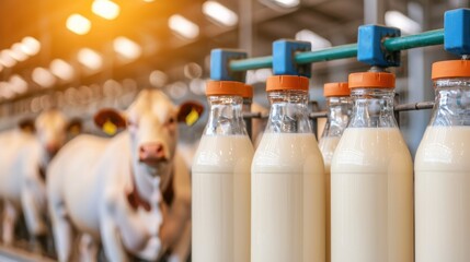 Bottles of fresh milk line a dairy farm, with cows grazing in the background, showcasing modern milking technology and agricultural practices.
