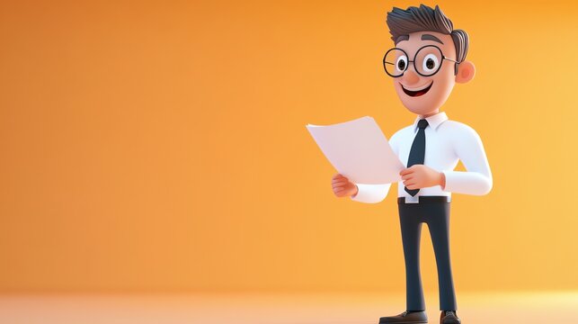 A 3D cartoon businessman with glasses smiles while reading a document.
