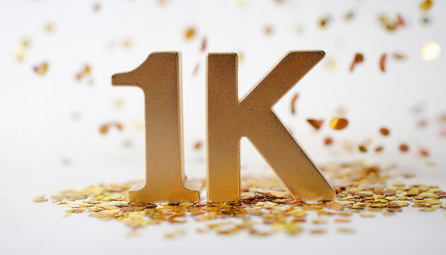 1k followers celebration. Golden text. Social media achievement. White backdrop.