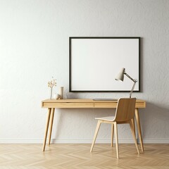 A minimalist home office with a blank frame, desk, chair, and lamp against a textured wall.