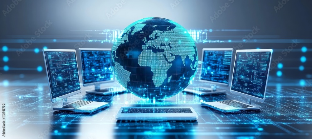 Poster Digital earth globe. Global internet network telecom and communication. Generative AI technology.	
