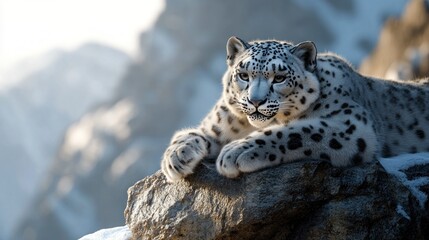 Fototapeta premium A majestic snow leopard resting on a rocky ledge in the Himalayas