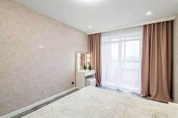 interior room apartment bedroom with bed, cozy place to sleep and relax