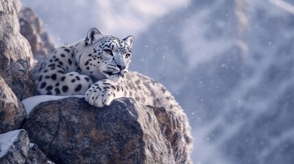 Fototapeta premium A majestic snow leopard resting on a rocky ledge in the Himalayas