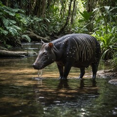Fototapeta premium A tapir drinking from a serene jungle stream.