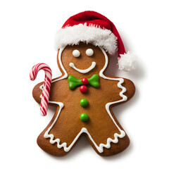 A gingerbread man wearing a Santa hat
