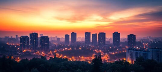 Fototapeta premium Cityscape building panoramic view at sunset dawn. Generative AI technology. 