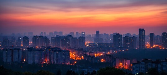 Obraz premium Sunrise sunset at misty cityscape building panorama view. Generative AI technology. 