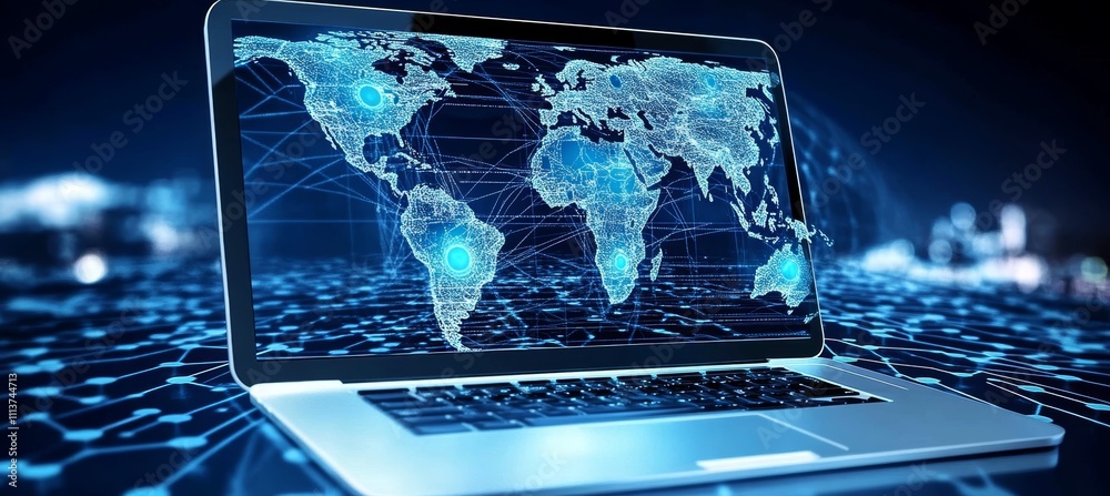 Poster Digital world map on laptop screen. Global internet network telecom and communication. Generative AI technology.	
