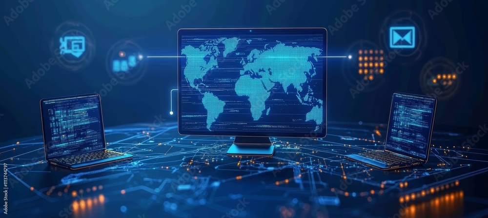 Poster Global world wireless internet network telecom and communication. Generative AI technology.	
