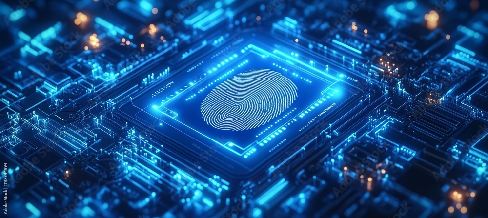 Poster Fingerprint on microchip scanner. Internet security biometric human identification. Generative AI technology.	
