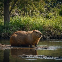 A capybara resting near a calm riverbank with trees in the background.

