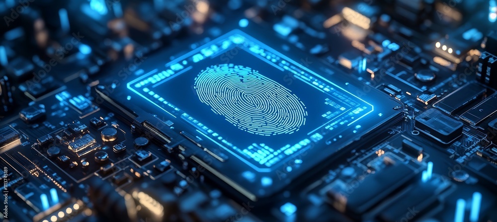 Poster Processor chip with finger print system. Internet security biometric human identification. Generative AI technology.	
