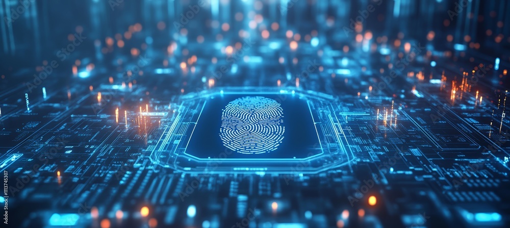 Aufkleber Digital finger print on microchip motherboard. Internet security biometric human identification. Generative AI technology.	
