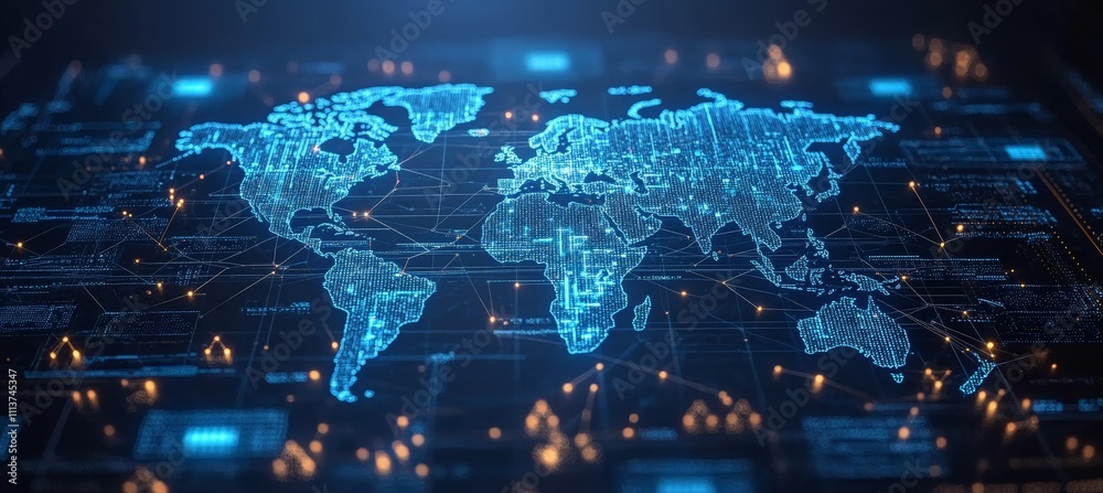 Poster Metaverse world map. Global internet network telecom and communication. Generative AI technology.	
